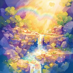 Heartshaped waterfall, watercolor, hidden valley, rainbow mist, serene, side angle , cartoon style