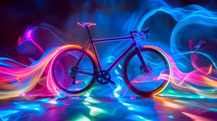 A bicycle wrapped in flowing, colorful lights creating a surreal studio scene.