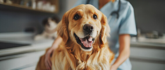 A woman is petting a dog in a veterinary clinic