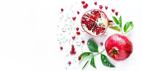 Pomegranate with water drops and leaves isolated on a white background. Red sweet fruit. Banner, copy space