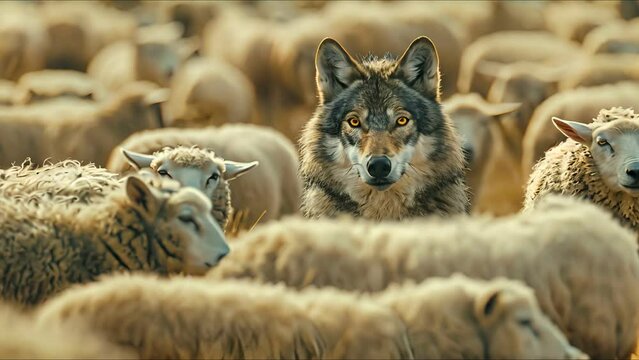 Hidden wolf in a flock of sheep, clear open field,
