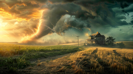 Obraz premium A tornado against a backdrop of gray clouds, a green field and rural house. Landscape with storm.