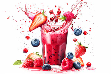 Berries drink with strawberry, blueberry and raspberry in glass isolated on white background.