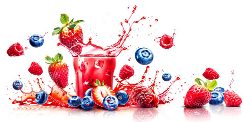 Banner. Berries red drink with strawberry, blueberry and raspberry in splashing fresh juice isolated on white background.