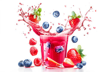 Berries drink in glass with strawberry, blueberry and raspberry in splashing fresh juice isolated on white background.