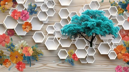 White lattice and turquoise elements combine with dynamic hexagons in an oak wood mural design.
