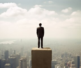 Businessman Standing on Top of Skyscraper Overlooking City Skyline