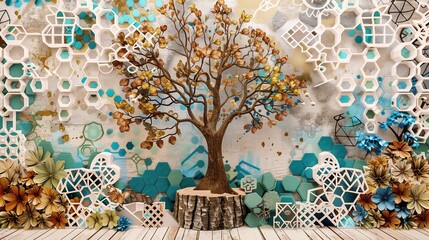 White lattice mural on oak with a vibrant ethereal tree and turquoise, blue foliage.