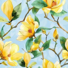 watercolor yellow magnolia flowers and green leaves pattern , illustration seamless floral pattern.