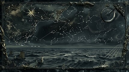 Dark Gothic-style sea map with silver inlays depicting star constellations and moon phases above a brooding ocean.