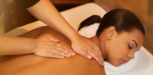 Massage, neck and shoulders in spa with girl on table with peace, wellness and luxury treatment....