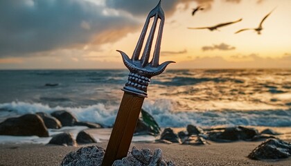 Weapon: Poseidon's Trident (Mystical Trident) Placement: Stuck in the sand on a rocky beach at sunset. Ocean waves crash in the background, and seagulls fly overhead. background is out of focus. - Powered by Adobe