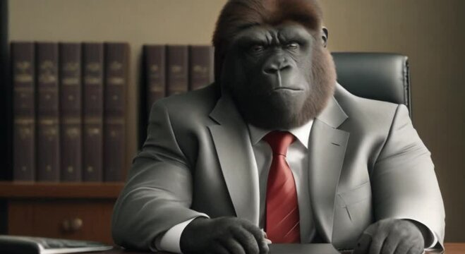 a gorilla wearing a suit in the office