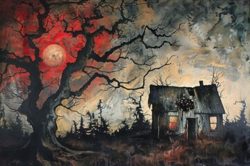 A painting of a house and a tree with a full moon in the background