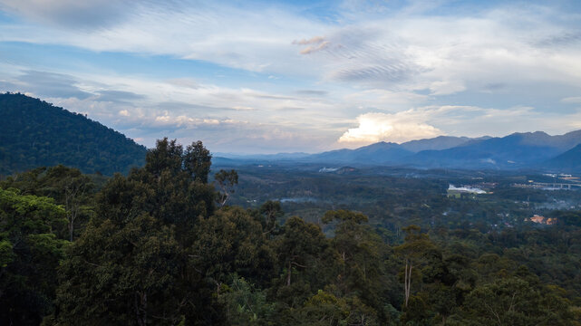 Beautiful sunrise over the mountain range in Malaysia.