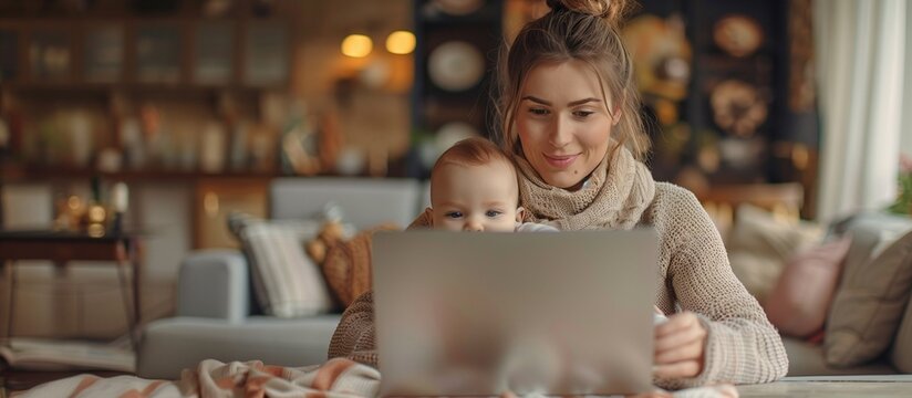 A mother working from home with her laptop, lovingly caring for her baby, in the cozy living room interior, embracing both love and responsibility.