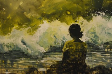 Fototapeta premium A woman is sitting on a rock in the ocean