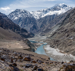 High Himalayan peaks in the Shyok River valley in northern India near the border with Tibet