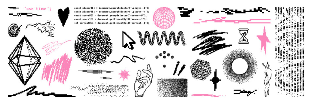 Graphic pixel shape asset pack. Trendy bitmap geometric element for sticker, poster, collage, design template. Vector elements on transparent background like a png.