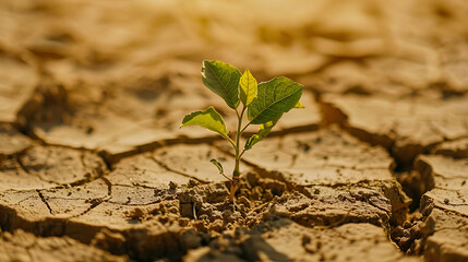 Ecology concept. Rising sprout on dry ground. Green plant growing from cracked earth. New life. Concept of global warming.