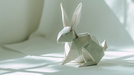 Origami white rabbit. Animal made of paper on a white background. Paper folding art.