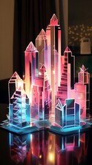 Crystal city skyline at twilight, prismatic towers, reflected light, geometric papercraft, papercut 3D style