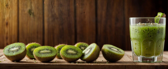 kiwi fruit slice with glass of juice against wooden background with copy space
