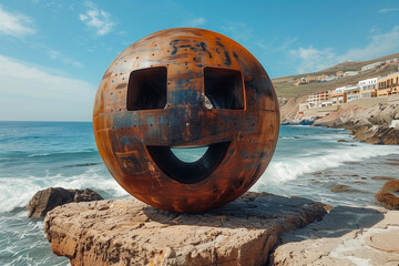 A large metal ball with a smiley face on it is sitting on a rock near the ocean