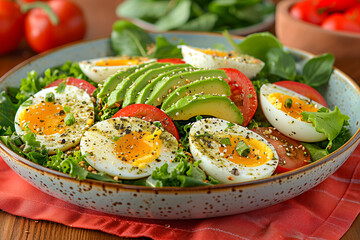 A plate of food with avocado, tomatoes, and eggs. The plate is colorful and appetizing