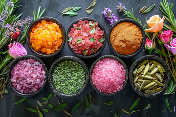 A variety of spices and herbs are displayed in black bowls on a table. The spices include rosemary, thyme, and basil, among others. The table is surrounded by flowers