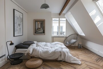 small bedroom in the attic of an old house with white walls, parquet floor and skylights, modern design bed and minimalistic furniture