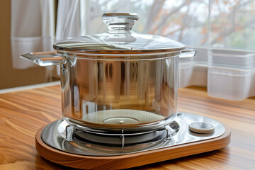 A clear pot sits on a wooden surface with a burner underneath