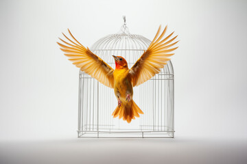 A bird is flying out of a cage. The bird is free and happy