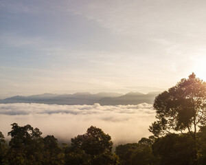 Sea clouds during golden sunrise above Titiwangsa mountains in Lenggong, Perak.