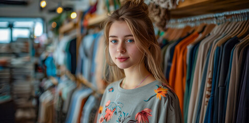 Obraz premium A young woman stands in front of a rack of clothes, smiling for the camera