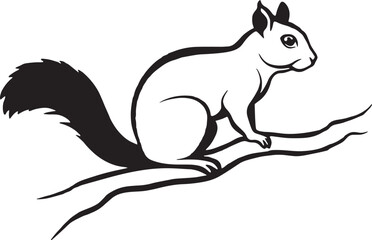 squirrel on a branch.  Black and white illustration.