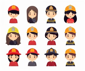 Diverse Set of Cute Firefighter and Worker Avatars on White Background