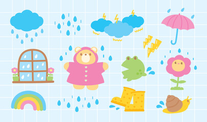 cute hand drawn kawaii style cartoon graphic element vector set in rainy day concept