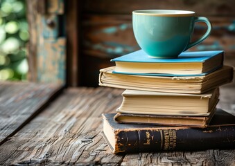 Naklejka premium Cozy Reading Setup with a Cup of Coffee on Vintage Books