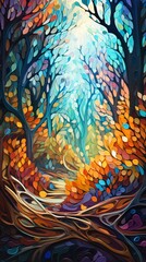 Colorful 3D animation, oil paint aesthetic, whimsical forest, dynamic camera swirl , hand drawn