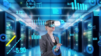 Businesswoman selecting digit dynamic market data scattering graph analysis monitor VR future...