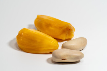 Juicy jackfruit flesh over white background