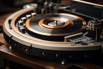 Turntable with futuristic features in a retro wooden case, close frontal view , Close-up