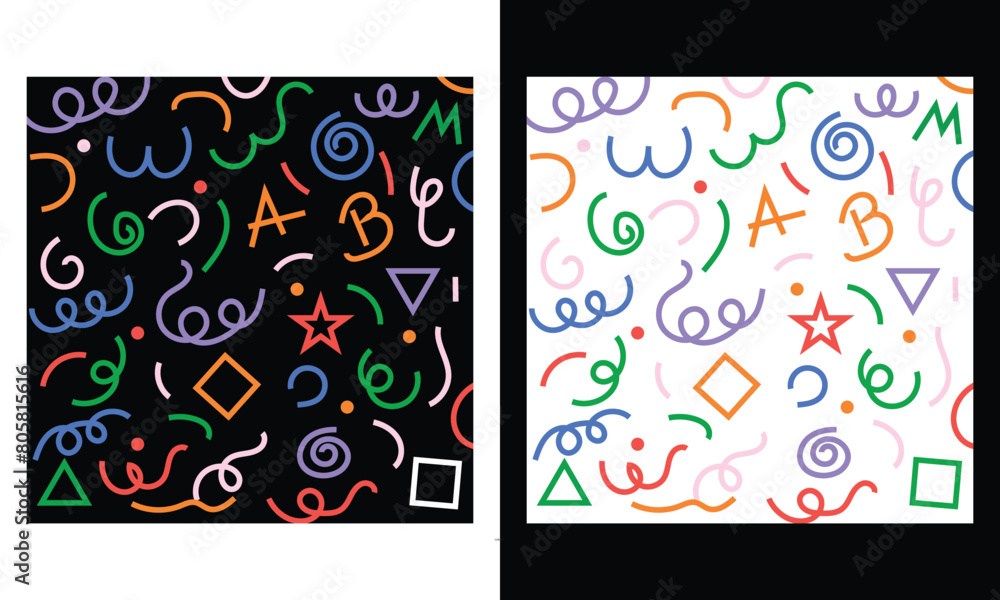 Poster set of fun colorful line doodle seamless pattern. creative abstract art background collection for ch