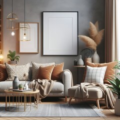 Cozy home interior with frame mockup, 3d render, modern living room, living room interior