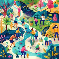 People of all ages are enjoying the outdoors in this colorful illustration