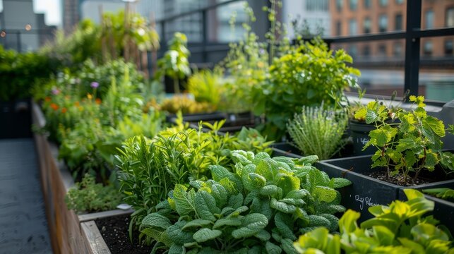 An urban garden with various herbs and plants growing in wooden planters.