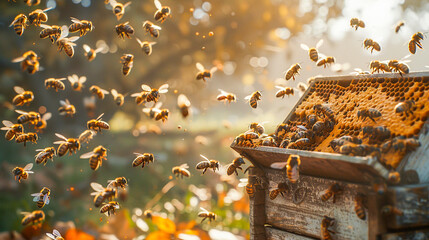 Bees swarm around a hive in a golden sunlight, buzzing actively in their natural habitat.