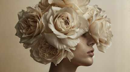 Face in flowers. A youthful female model surrounded by a white floral display, epitomizing a high-fashion editorial look with her face embellished by blossoms. Her face immersed in flowers.