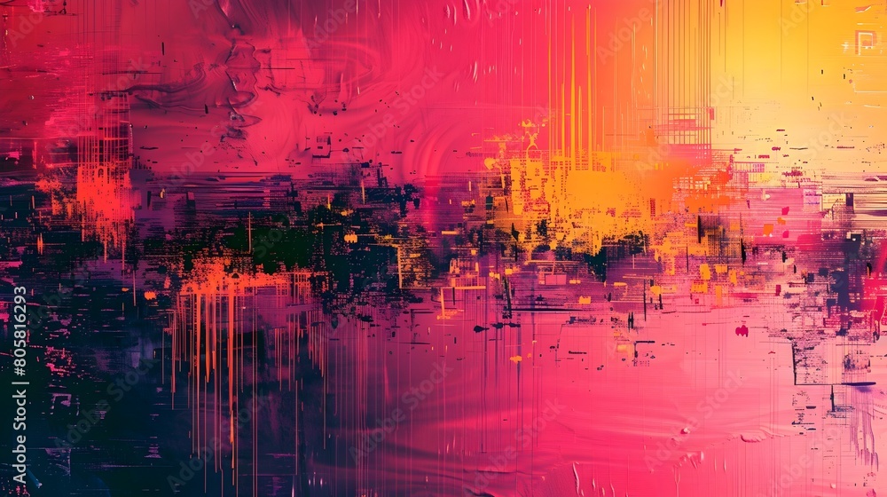 Poster vibrant digital glitch art with distorted patterns and pixelated chaos